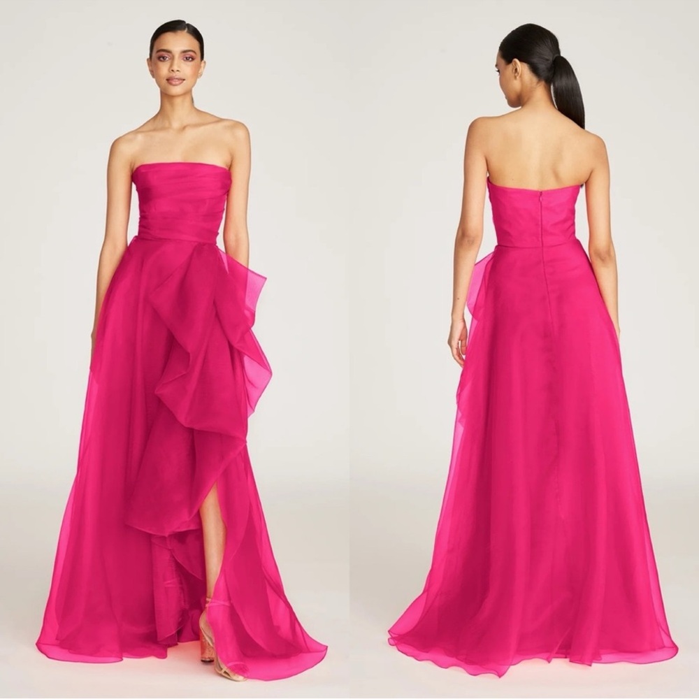 Theia Teresa Strapless Hot Pink Ruffle-Front Maxi Gown - NWT